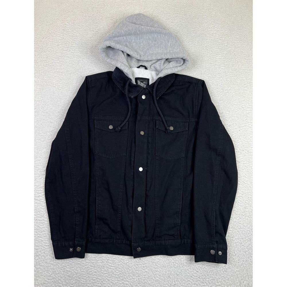 Vans Jacket Mens Large Black Hooded Denim Fleece Lined Snap Bomber Skateboarding